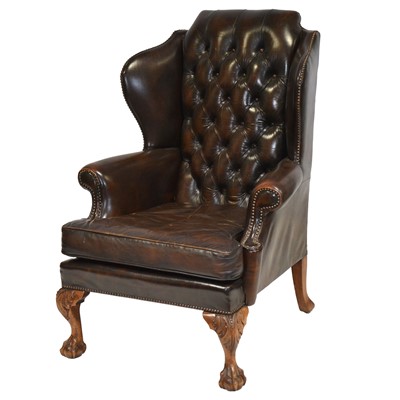 Lot 373 - Georgian style leather wingback armchair