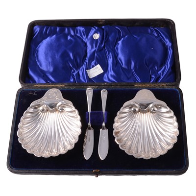 Lot 329 - Pair of silver butter dishes and knives, John Edward Wilmot, Birmingham 1894.