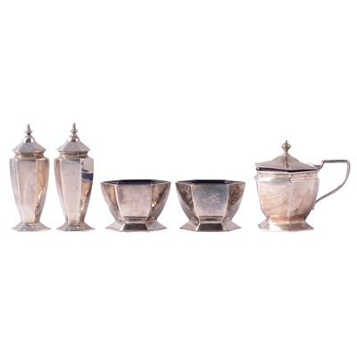 Lot 332 - Silver five piece condiments set, Goldsmiths & Silversmiths Co Ltd, London 1911.