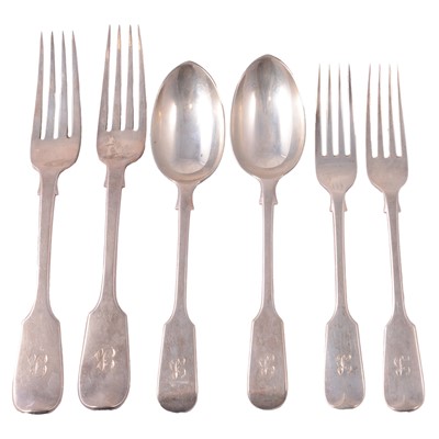 Lot 306 - Georgian and later silver table forks, dessert spoons, and dessert forks.