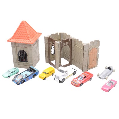 Lot 106 - Box of assorted loose diecast vehicles, and a box of Playmobil