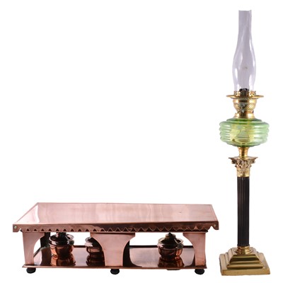 Lot 160 - Victorian copper hot plate and a Corinthian column oil lamp