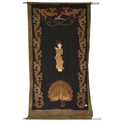 Lot 393 - Pair of Asian embroidered panels with figures and peacocks