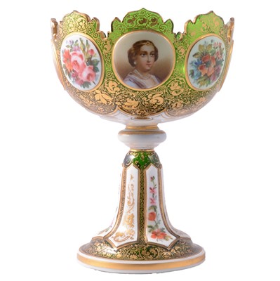 Lot 6 - Bohemian overlaid green glass goblet-shape bowl