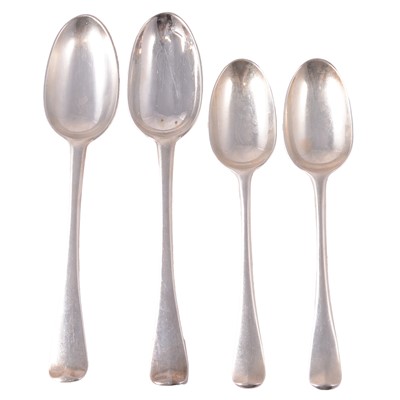 Lot 317 - Pair of Irish silver dessert spoons, possibly David King, Dublin 1696-98, and other silver spoons.