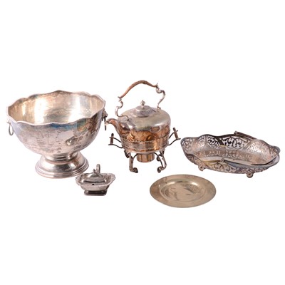 Lot 178 - Silver-plated punch bowl, spirit kettle on burner, bread basket, lidded mustard, and dish.