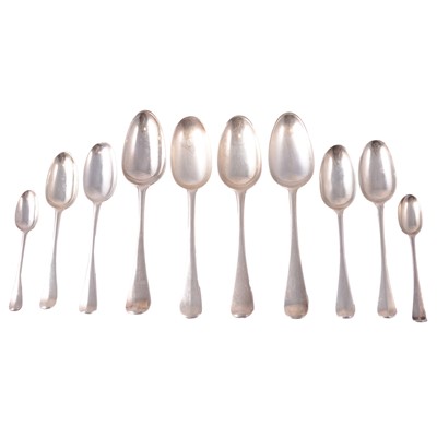 Lot 319 - Two George I silver dessert spoons, Isaac Davenport, London 1714, and other Georgian spoons.