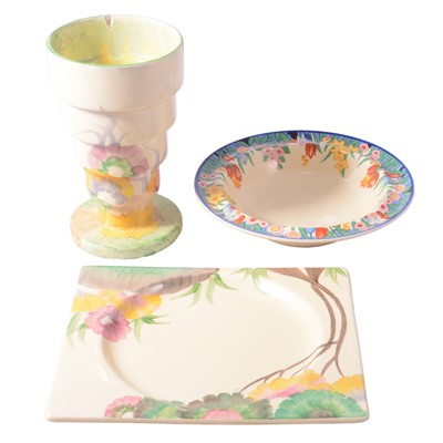Lot 4 - Clarice Cliff vase, Chloris bowl and floral plate.