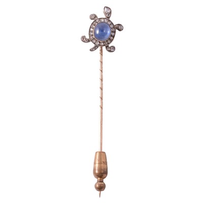 Lot 343 - A Russian star sapphire and diamond turtle stick pin.