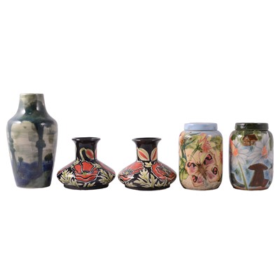 Lot 57 - Cobridge Stoneware; two jars, pair of vases, tall vase