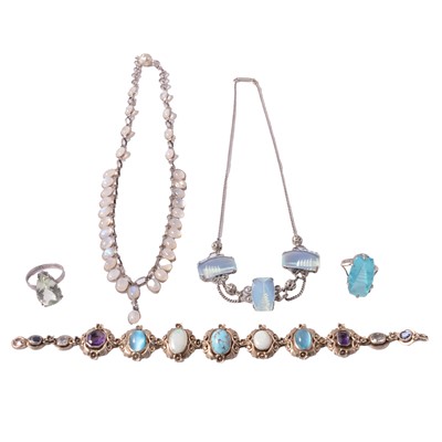 Lot 462 - A labradorite necklace, ring, Pagoda necklace and ring, and gemstone set bracelet.