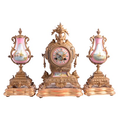 Lot 87 - 19th century three-piece clock garniture, signed A Everington, Paris