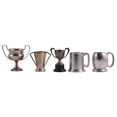 Lot 206 - Collection of silver and silver-plated trophy cups, and pewter tankards.