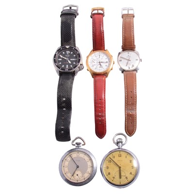 Lot 446 - Two open face pocket watches, and three gentlemen's wristwatches.