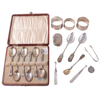 Lot 303 - Set of six silver teaspoons, Hawksworth, Eyre & Co Ltd, Sheffield 1900, and other small silver.