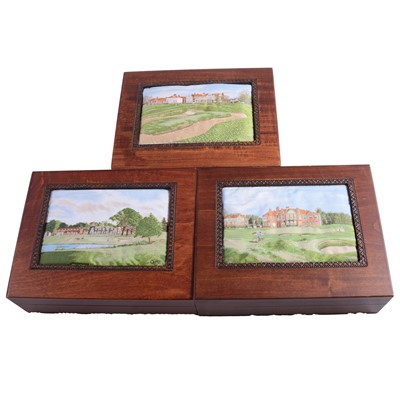 Lot 112 - Cash's silks - three wooden boxes with golf scenes, and other silks