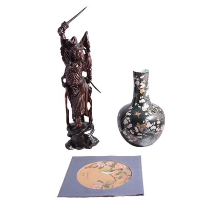 Lot 53 - Chinese polychrome vase, a carved warrior figure, and painted sik roundel