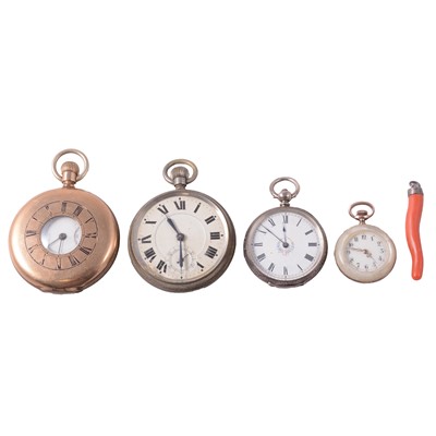 Lot 337 - Gold-plated pocket watch; and other pocket and fob watches; coral pendant