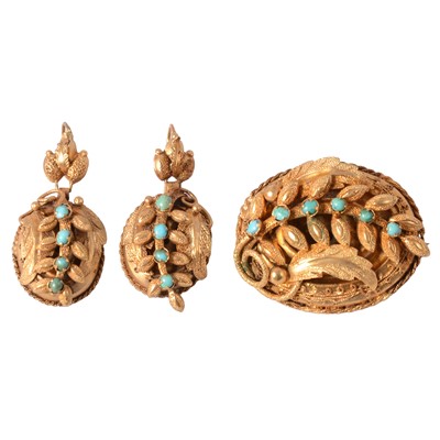 Lot 202 - A yellow metal and turquoise brooch, and matching earrings.