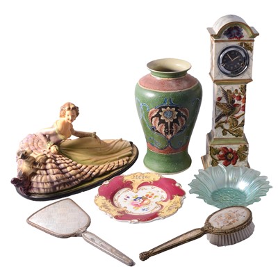 Lot 99 - Pottery table clock with Cyma dial, reproduction table lamp, etc.