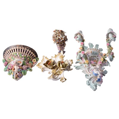 Lot 35 - Continental porcelain girandole, wall bracket, etc.
