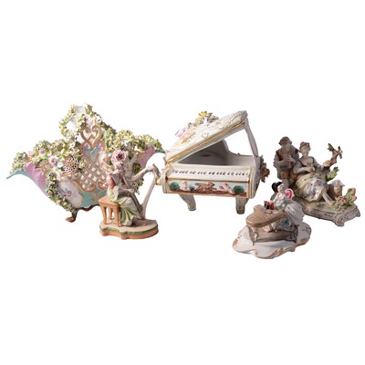 Lot 28 - Large Coalbrookdale style basket, damaged and musical figures