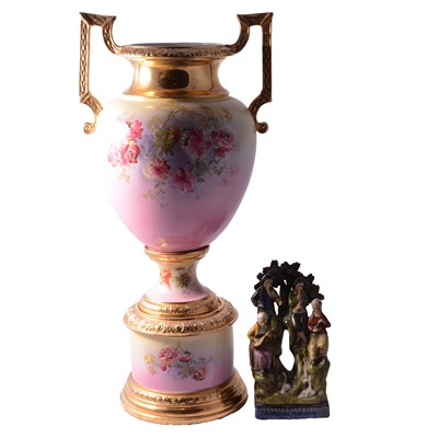 Lot 32 - Large Staffordshire pottery pedestal vase and a reproduction Staffordshire group