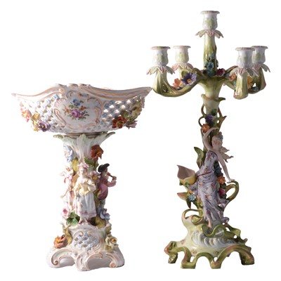 Lot 1 - Dresden porcelain table centre and a Continental porcelain candelabra