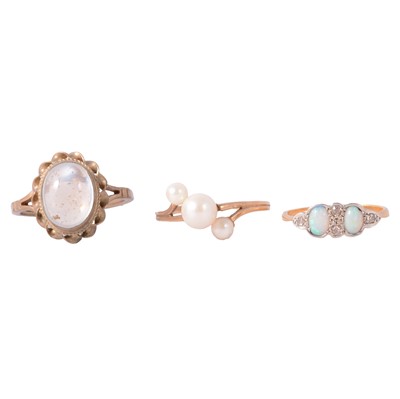 Lot 241 - Three gemset rings, opal and diamond, cultured pearl, moonstone.