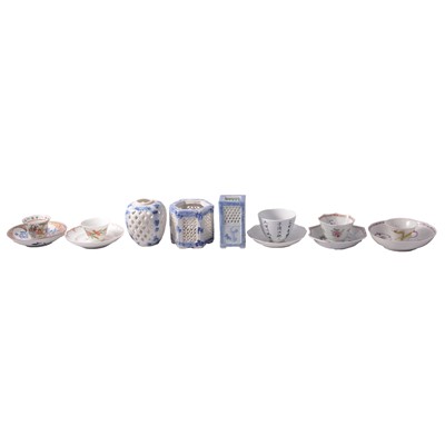 Lot 42 - Three Chinese blue and white cricket jars, and a small collection of tea bowls and saucers.