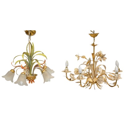 Lot 186 - Modern brass and painted ceiling light, another similar and two wall lights