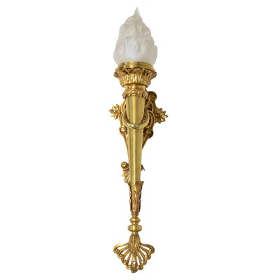 Lot 190 - Gilt metal torch wall light and a glass mounted light fitting