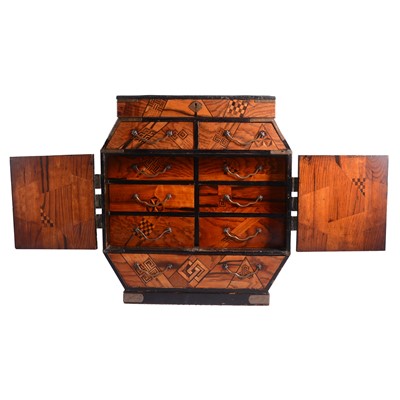 Lot 115 - Japanese black lacquer and parquetry table top chest of drawers