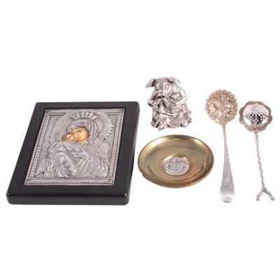 Lot 221 - Modern white metal copy of a Byzantine icon, and other silver, white metal and plated wares.
