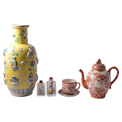 Lot 75 - Chinese yellow ground vase, cloisonne charger, snuff bottles, etc.