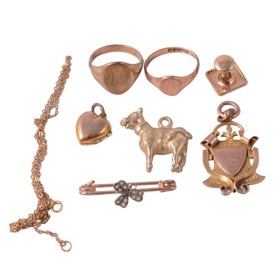 Lot 293 - Gold and yellow metal signet rings, fob, dress stud, and other jewellery.