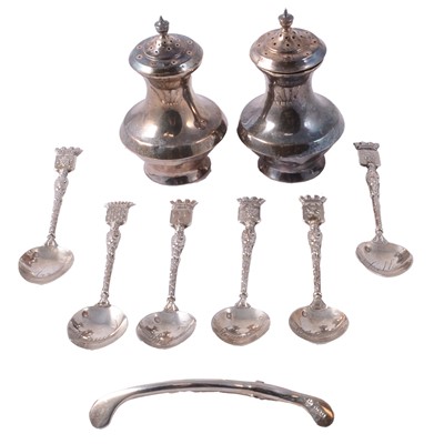 Lot 310 - Set of six Continental silver coffee spoons, silver wishbone tongs and pair of pepperettes