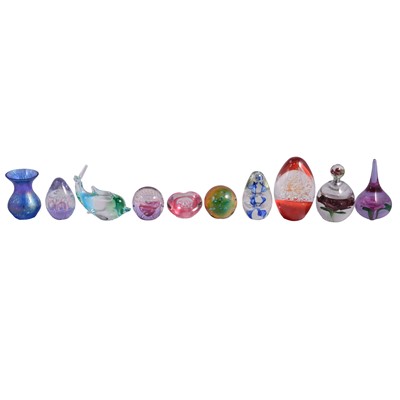 Lot 32 - Collection of eight modern glass paperweights and an iridescent vase