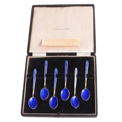 Lot 217 - Set of six silver and blue enamel coffee spoons, Turner & Simpson Ltd, Birmingham 1959.