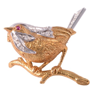 Lot 316 - Cropp & Farr - an 18 carat yellow and white gold gemset bird on a branch brooch.