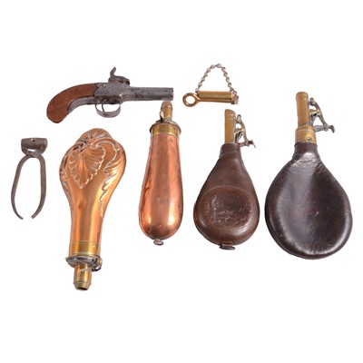 Lot 165 - 19th century pocket pistol, by Wheeler, London, and shot flasks.