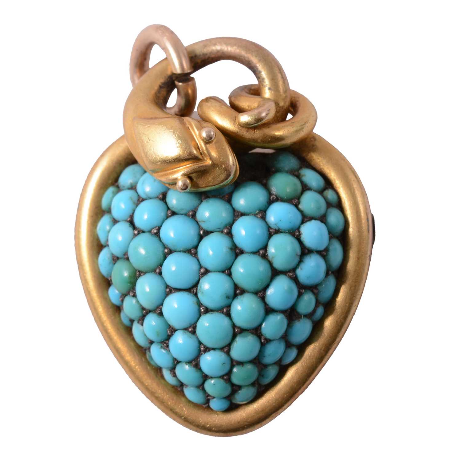 Lot 245 - A yellow metal heart shape pendant brooch set with turquoise.