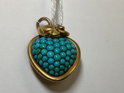 Lot 245 - A yellow metal heart shape pendant brooch set with turquoise.