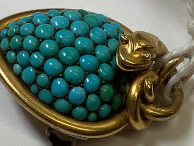 Lot 245 - A yellow metal heart shape pendant brooch set with turquoise.