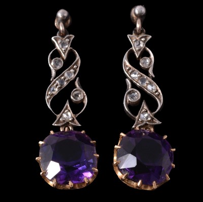 Lot 184 - A pair of amethyst and diamond drop earscrews.
