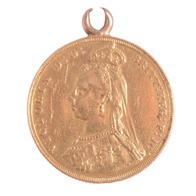 Lot 285 - A Gold Full Sovereign Coin, Victoria Jubilee Head 1887, soldered top.