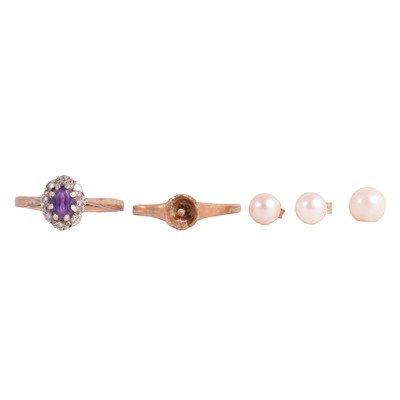 Lot 244 - A pearl dress ring, amethyst ring and pair of pearl earstuds.