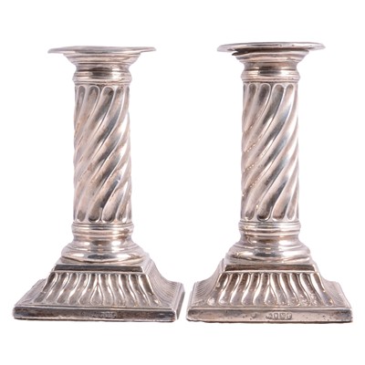 Lot 223 - Pair of Victorian silver filled candlesticks, maker's mark rubbed, London 1887.