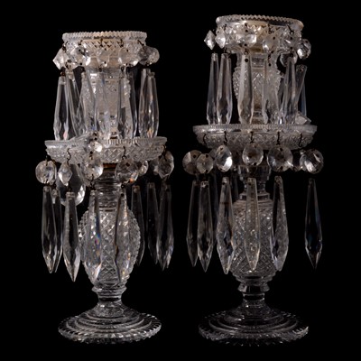 Lot 79 - Near pair of hobnail-cut glass lustre candlesticks