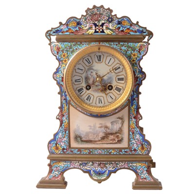 Lot 126 - French brass and champleve enamel mantel clock